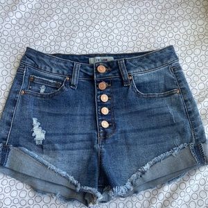 Refuge, dark wash blue high rise denim shorts